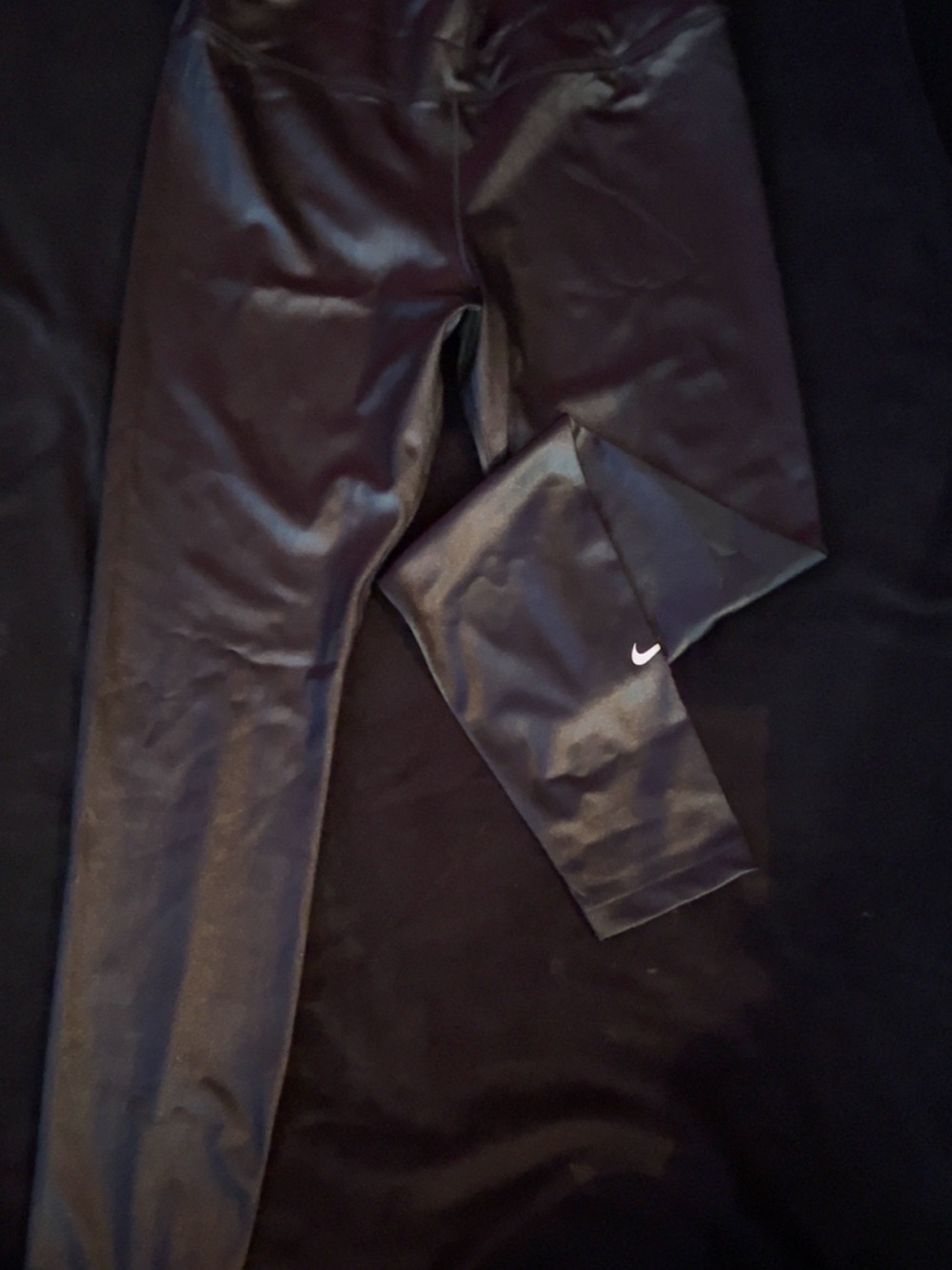 Nike Dri Fit Black Shiny Athletic Leggings with White Swoosh